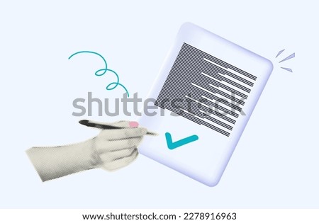 Filling out a document, halftone collage. Signing, verification and approval of the document, marked with a green tick. Female hand ticks test, quiz, fills out document. Correct information. Vector.