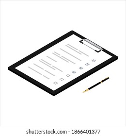 Filling out documents and passing the test. Clipboard with checklist. Vector. Isometric view
