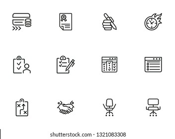 Filling out line icon set. Survey, credit card, handshake. Business concept. Can be used for topics like banking, loan, paperwork, office