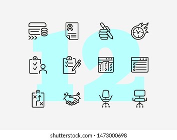 Filling out line icon set. Survey, credit card, handshake. Business concept. Can be used for topics like banking, loan, paperwork, office