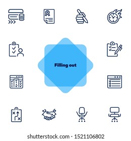 Filling out line icon set. Survey, credit card, handshake. Business concept. Can be used for topics like banking, loan, paperwork, office