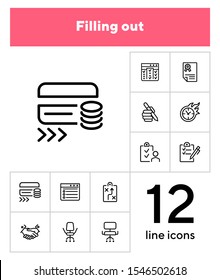 Filling out line icon set. Survey, credit card, handshake. Business concept. Can be used for topics like banking, loan, paperwork, office
