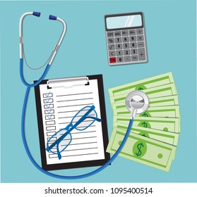 Filling out medical documents. Health insurance. Stethoscope and money. 