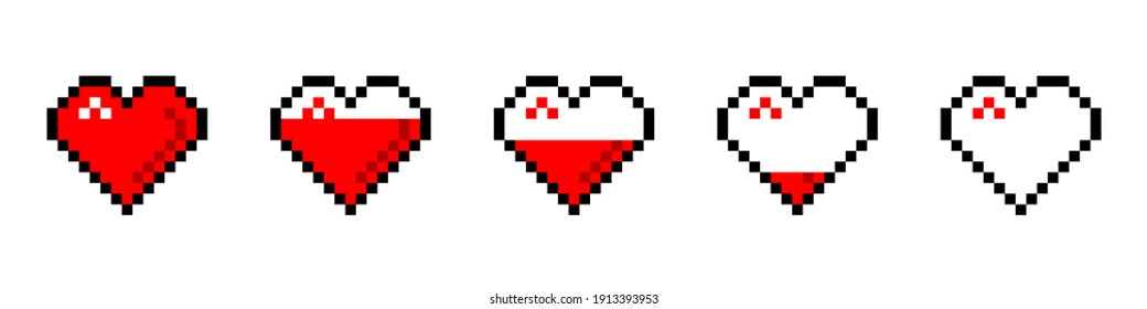 Filling red hearts descending pixel icon. Romantic abstract symbols with gradual loss love and fading warm feelings decoration for vector game industry.