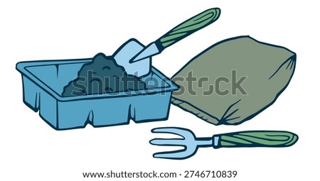 filling a seedling container with soil Hand-drawn vector illustration. Gardening tools with trowel, fork, and potting mix. Isolated drawing for spring hobby or agriculture concepts.
