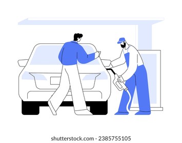 Filling station attendant abstract concept vector illustration. Filling station worker in uniform refueling customers car, gasoline station, personal transport, car services abstract metaphor.