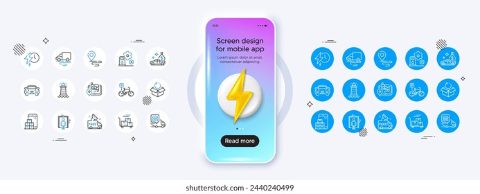 Filling station, Food delivery and Gps line icons. Phone mockup with 3d energy icon. Pack of Bicycle parking, Delivery cart, Charging time icon. Place, Mobile inventory, Cash transit pictogram. Vector