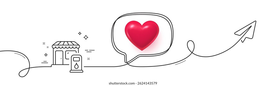 Icono de línea de la estación de llenado. Línea continua con plano compartido. Señal de gasolinera o gasolinera. Símbolo de combustible diesel. Corazón 3D en la burbuja del discurso. Cinta de una sola línea de la estación de llenado. Patrón de curva de bucle. Vector