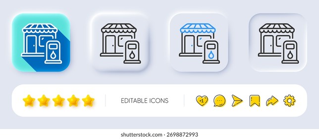 Symbol für Füllstation-Zeile. Neumorph, flacher Schatten, 3D-Tasten. Tankstellen- oder Tankstellenschild. Symbol für Dieselkraftstoff. Symbol für die Zeilenfüllstation. Symbole sozialer Medien. Vektorgrafik