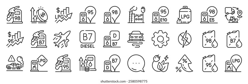 Filling station line icons. Settings gear, Message, Inflation icons. Petrol canister, B7 diesel fuel and gas cylinder set. Lpg, fuel filling station and 95 petrol canister line icons. Vector