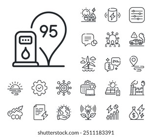 Señal de ubicación de la estación de llenado. Iconos de contorno de energía, escape de Co2 y panel solar. Icono de línea de gasolinera. 95 símbolo de combustible de gasolina. Señal de la gasolinera. Icono de energía eólica o eléctrica ecológica. Vector