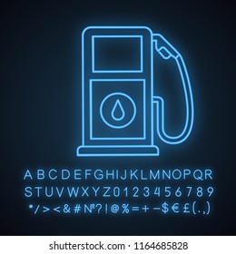 Filling station neon light icon. Petrol pump. Gasoline stand. Gas station. Glowing sign with alphabet, numbers and symbols. Vector isolated illustration
