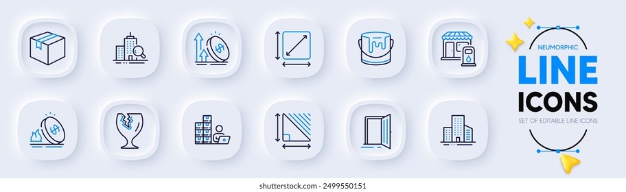 Filling station, Open door and Parcel line icons for web app. Pack of Inventory, Gas price, Triangle area pictogram icons. Buildings, Fragile package, Paint signs. Excise duty, Inspect. Vector