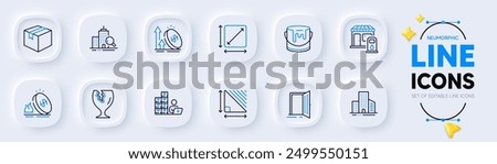 Filling station, Open door and Parcel line icons for web app. Pack of Inventory, Gas price, Triangle area pictogram icons. Buildings, Fragile package, Paint signs. Excise duty, Inspect. Vector