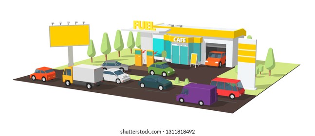 Filling station. Refilling fuel, motorway road shop, repair service. Petroleum gas station and cars. Petrol tank, gasoline. Colorful vector.