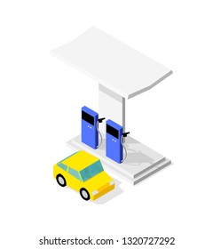 Filling station. Refilling fuel, motorway road shop, repair service. Petroleum gas station and cars. Petrol tank, gasoline. Blue and yellow colors vector.