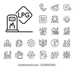 Filling station sign. Energy, Co2 exhaust and solar panel outline icons. Gas station line icon. LPG fuel symbol. Gas station line sign. Eco electric or wind power icon. Green planet. Vector