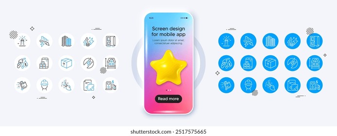 Filling station, Strategy and Open door line icons. Phone mockup with 3d star icon. Pack of Saving electricity, Mobile inventory, Inventory cart icon. Vector