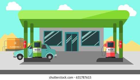 Filling station working colorful vector illustration in flat design