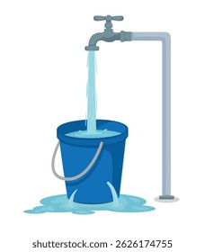 Filling tap water into a leaking bucket. Water spreads out from holes or cracks on bucket