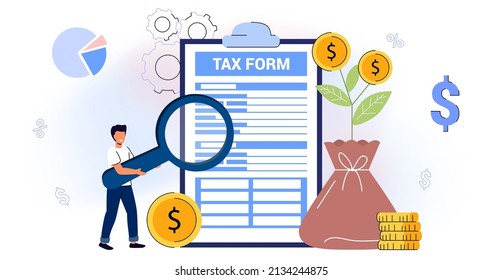 Filling tax from Analyzing financial data Online tax payment Return as document for VAT payment calculation Financial taxation refund or get back overpaid money from government vector illustration