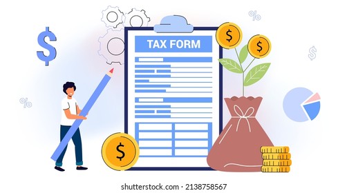 Filling tax from Analyzing financial data Online tax payment Return as document for VAT payment calculation Financial taxation refund or get back overpaid money from government vector illustration