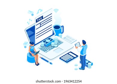 Filling tax documents for calculation. Characters preparing graph charts. Accounting concept on a cartoon vector illustration.