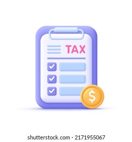 Filling Tax Form. Tax Payment, Accounting, Financial Management, Corporate Tax, Taxable Income Concept. 3d Vector Icon. Cartoon Minimal Style.