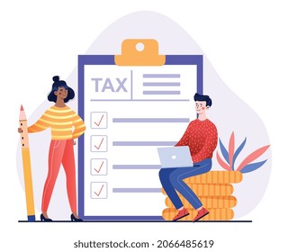 Filling taxes by yourself. Man and girl themselves write information into document. Employees with pencil indicate companys income. Family budget, paper sheets. Cartoon flat vector illustration