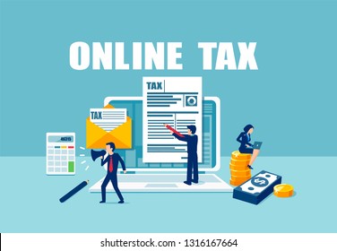 Filling Taxes Online Concept. Vector Of People Filling Tax Form Documents Using Internet Services 