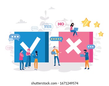 Llenar prueba en el formulario de encuesta de clientes. Ilustración vectorial para banner web, infografía, móvil. Concepto de Experiencias y Satisfacción del Cliente. Mujer y hombre poniendo Check Mark. 