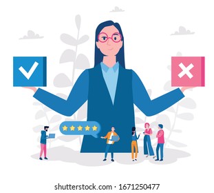 Filling Test in Customer Survey Form. Vector illustration for web banner, infographics, mobile. Customer Experiences and Satisfaction Concept. Woman and Man putting Check Mark. 