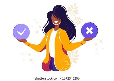 Filling Test in Customer Survey Form. Vector illustration for web banner, infographics, mobile. Customer Experiences and Satisfaction Concept. Woman and Man putting Check Mark.