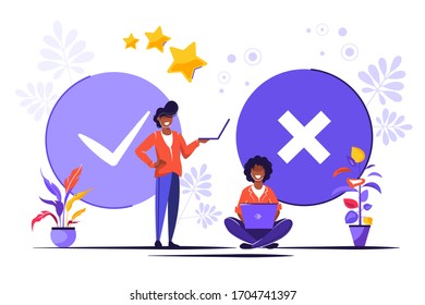 Filling Test in Customer Survey Form. Vector illustration for web banner, infographics, mobile. Customer Experiences and Satisfaction Concept. Woman and Man putting Check Mark.