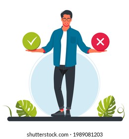 Filling Test in Customer Survey Form. Customer Experiences and Satisfaction Concept. Woman and Man putting Check Mark. man holds right and wrong symbol in circle. Vector illustration