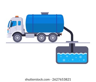Filling a well with water. Truck with a tank and a pump hose. Machine for draining liquid. Industrial vehicle. Plumbers work. Flat illustration
