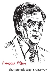 François Fillon, Politician, Prime Minister Of France (2007-2012), Nominee Of The Republicans For 2017 Presidential Election, Hand Drawn Vector Illustration, Simple Lines, Illustrative Editorial