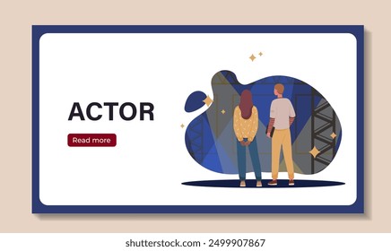 Film actors poster. Man and woman stands on stage. Creativity and art. Film and TV series production, theater industry and cinematography. Flat vector illustration isolated on beige background