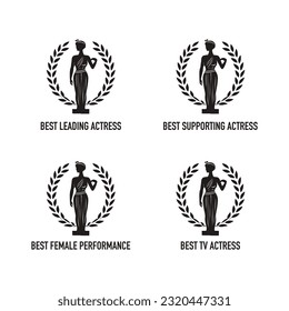 Film award best leading supporting actress nomination winner black and white vector icon set with laurel wreath