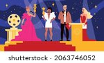 Film awards background with actress on stage symbols flat vector illustration