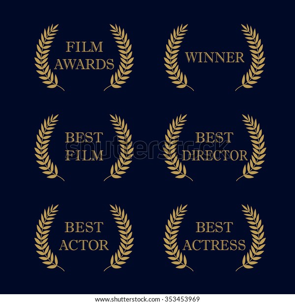 Film Awards and best nominee gold award wreaths\
on dark background. Film awards logo. Best award vector, award\
logo, winner logo, film festival nominee. Isolated vintage retro\
elegant abstract emblem.