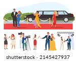 Film awards ceremony vector set. Celebrities and famous actor walking on red carpet. TV show hosts and paparazzi. Interviewing and broadcasting process