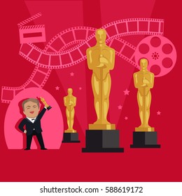 Film awards design flat banner concept. Famous actor and director receives an award in the form of figurines in the film industry. Happy man holding a prize in his hands. Vector illustration