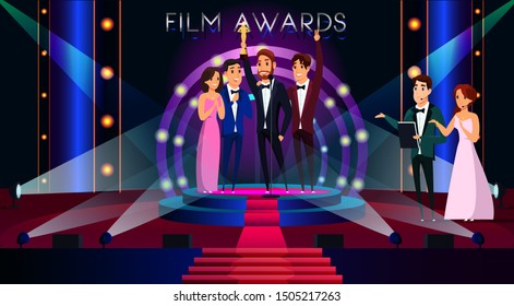 Film awards flat vector illustration. Famous actor getting golden prize, reward cartoon character. Smiling celebrities standing on stage. Event hosts announcing cinema festival winner