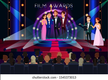 Film awards flat vector illustration. Famous actor getting golden prize, reward cartoon character. Smiling celebrities standing on stage. Event hosts announcing cinema festival winner