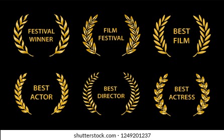 Film Awards. Gold award wreaths on black background. Vector illustration.