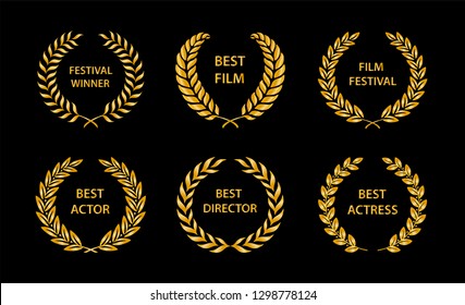 Film Awards. Gold award wreaths on black background. Vector illustration.