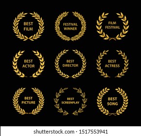 Film Awards. Gold award wreaths on black background. Vector illustration.