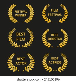 Film Awards. Gold award wreaths on black background. Vector illustration.