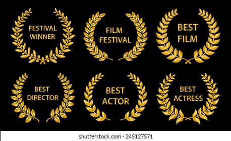 Film Awards. Gold award wreaths on black background. Vector illustration.